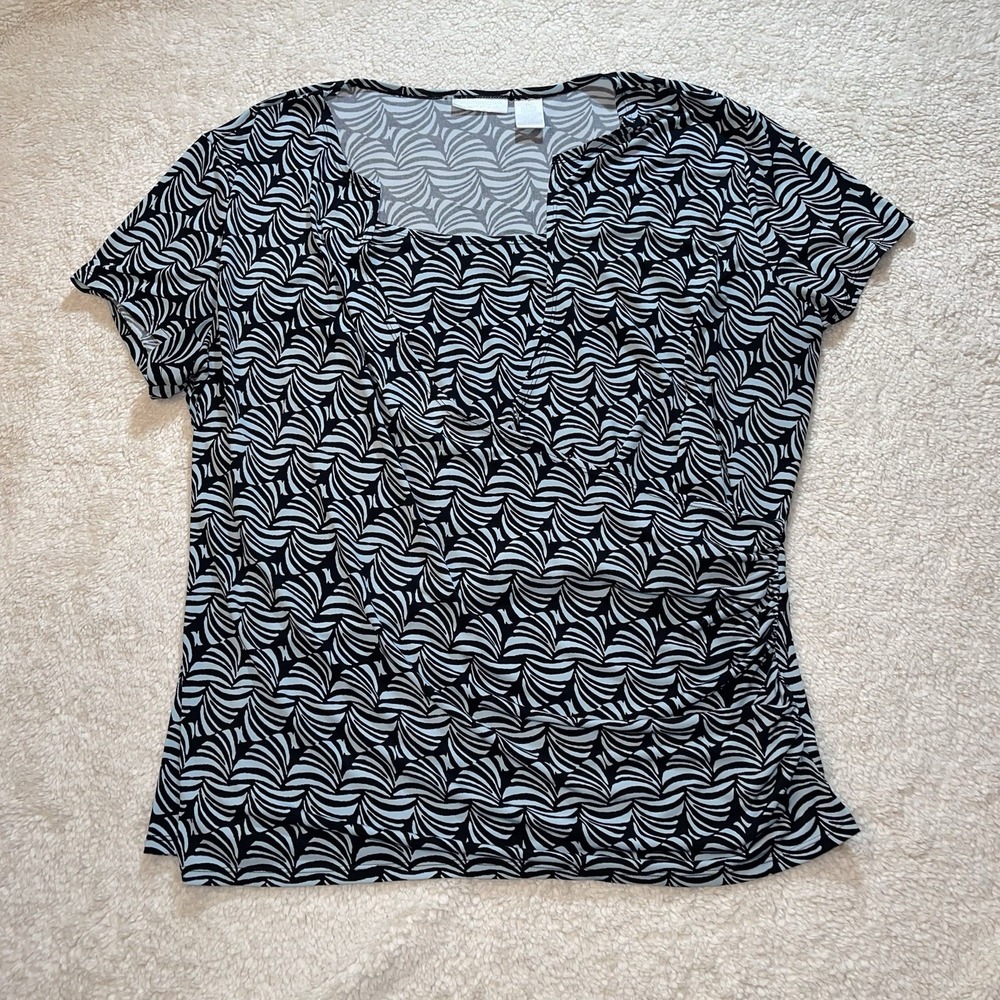 Worthington Womens 1X Wrinkle Resistant Faux Wrap Top Black Blue Blouse